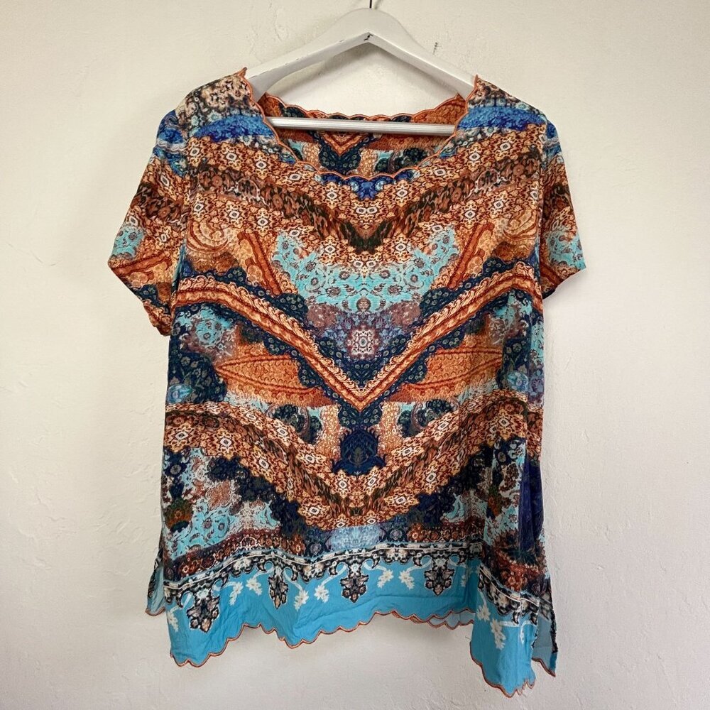 Soft Surroundings Womens 1X Multicolor Paisley Short Sleeve Top Scalloped Trim